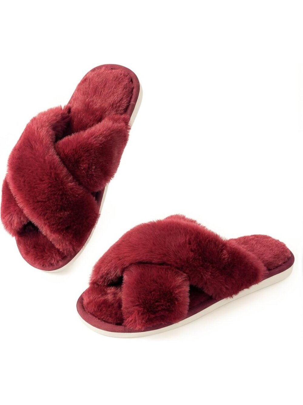 Women's Red Cross Band Memory Foam Open Toe Comfy Fuzzy Indoor Slippers